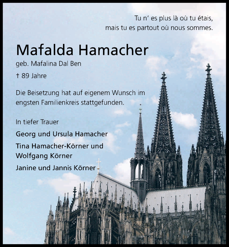  Traueranzeige für Mafalda Hamacher vom 05.04.2014 aus Kölner Stadt-Anzeiger / Kölnische Rundschau / Express