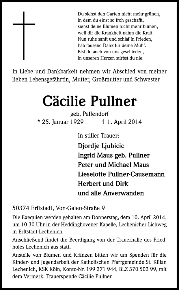  Traueranzeige für Cäcilie Pullner vom 05.04.2014 aus Kölner Stadt-Anzeiger / Kölnische Rundschau / Express