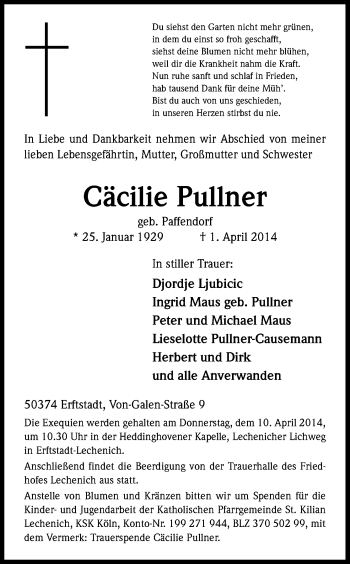 Anzeige von Cäcilie Pullner von Kölner Stadt-Anzeiger / Kölnische Rundschau / Express