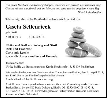Anzeige von Gisela Sellenrieck von Kölner Stadt-Anzeiger / Kölnische Rundschau / Express