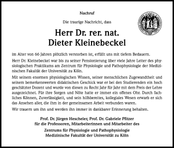 Anzeige von Dieter Kleinebeckel von Kölner Stadt-Anzeiger / Kölnische Rundschau / Express
