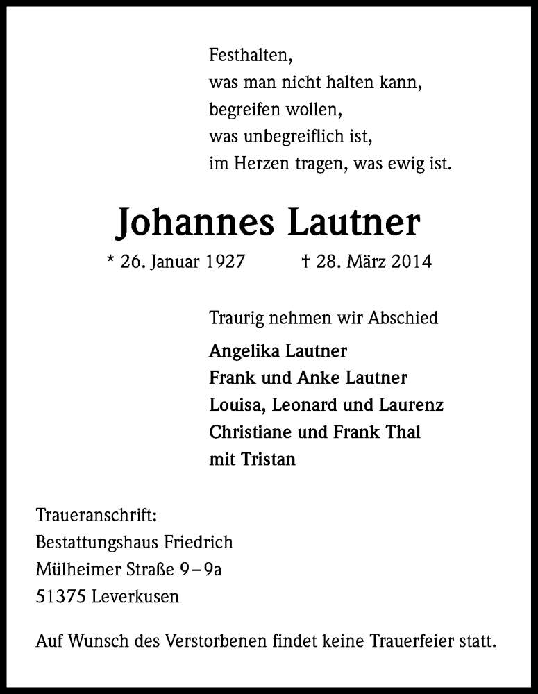  Traueranzeige für Johannes Lautner vom 05.04.2014 aus Kölner Stadt-Anzeiger / Kölnische Rundschau / Express