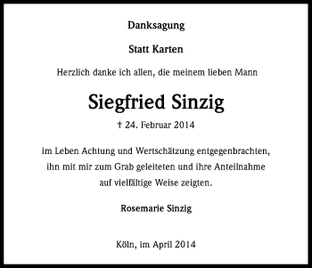 Anzeige von Siegfried Sinzig von Kölner Stadt-Anzeiger / Kölnische Rundschau / Express