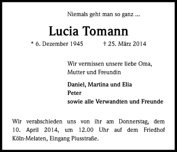 Anzeige von Lucia Tomann von Kölner Stadt-Anzeiger / Kölnische Rundschau / Express