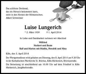 Anzeige von Luise Lungerich von Kölner Stadt-Anzeiger / Kölnische Rundschau / Express