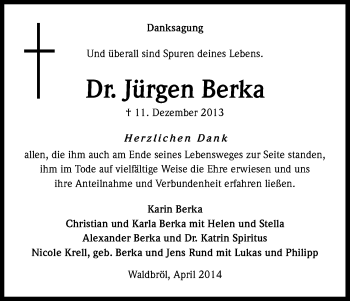 Anzeige von Jürgen Berka von Kölner Stadt-Anzeiger / Kölnische Rundschau / Express