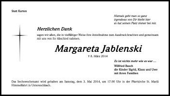 Anzeige von Margareta Jablenski von Kölner Stadt-Anzeiger / Kölnische Rundschau / Express