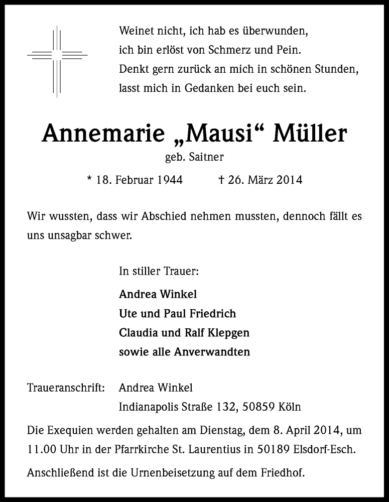  Traueranzeige für Annemarie Müller vom 05.04.2014 aus Kölner Stadt-Anzeiger / Kölnische Rundschau / Express
