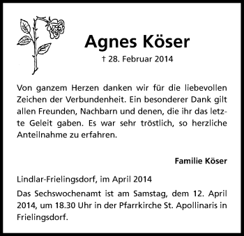 Anzeige von Agnes Köser von Kölner Stadt-Anzeiger / Kölnische Rundschau / Express