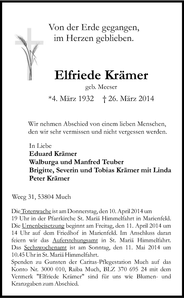  Traueranzeige für Elfriede Krämer vom 05.04.2014 aus Kölner Stadt-Anzeiger / Kölnische Rundschau / Express