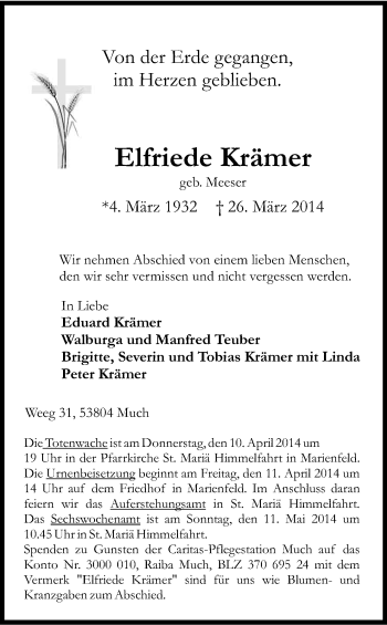 Anzeige von Elfriede Krämer von Kölner Stadt-Anzeiger / Kölnische Rundschau / Express