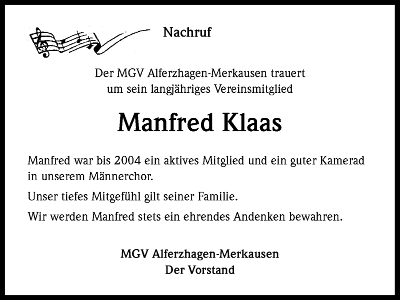  Traueranzeige für Manfred Klaas vom 04.04.2014 aus Kölner Stadt-Anzeiger / Kölnische Rundschau / Express
