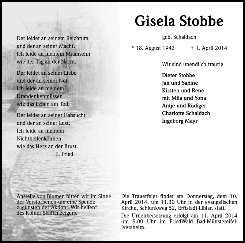  Traueranzeige für Gisela Stobbe vom 05.04.2014 aus Kölner Stadt-Anzeiger / Kölnische Rundschau / Express
