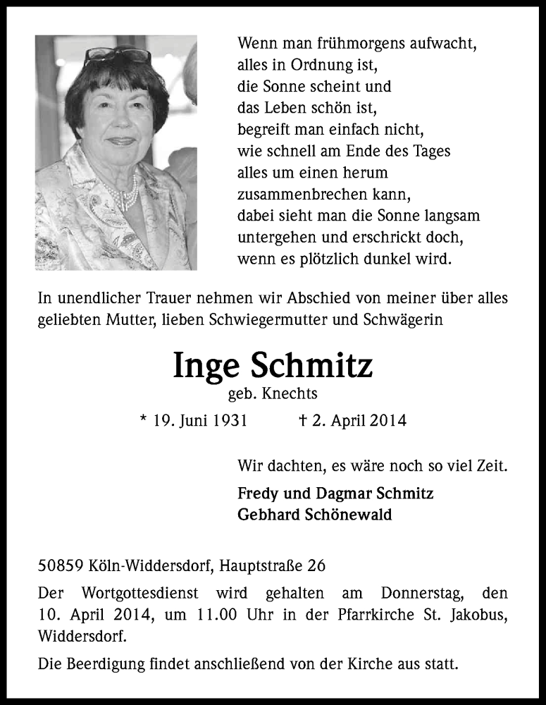  Traueranzeige für Inge Schmitz vom 05.04.2014 aus Kölner Stadt-Anzeiger / Kölnische Rundschau / Express