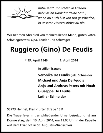 Anzeige von Gino De Feudis von Kölner Stadt-Anzeiger / Kölnische Rundschau / Express