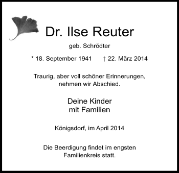 Anzeige von Ilse Reuter von Kölner Stadt-Anzeiger / Kölnische Rundschau / Express