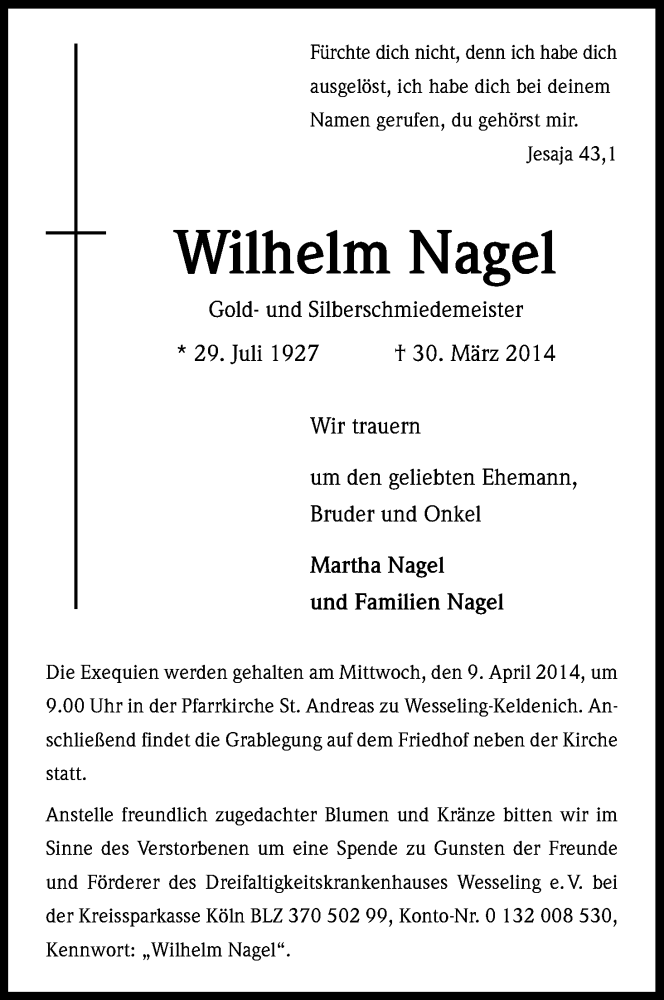  Traueranzeige für Wilhelm Nagel vom 05.04.2014 aus Kölner Stadt-Anzeiger / Kölnische Rundschau / Express