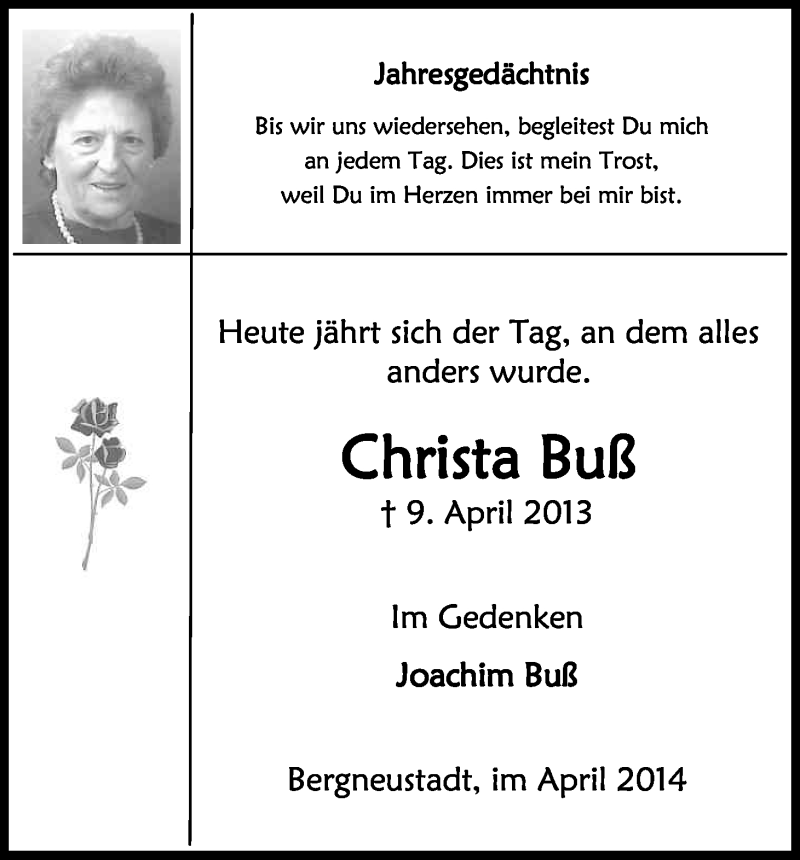  Traueranzeige für Christa Buß vom 09.04.2014 aus Kölner Stadt-Anzeiger / Kölnische Rundschau / Express