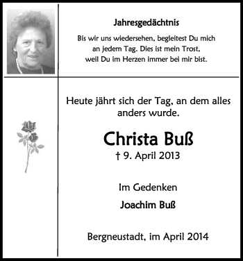 Anzeige von Christa Buß von Kölner Stadt-Anzeiger / Kölnische Rundschau / Express