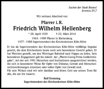 Anzeige von Friedrich Wilhelm Hellenberg von Kölner Stadt-Anzeiger / Kölnische Rundschau / Express