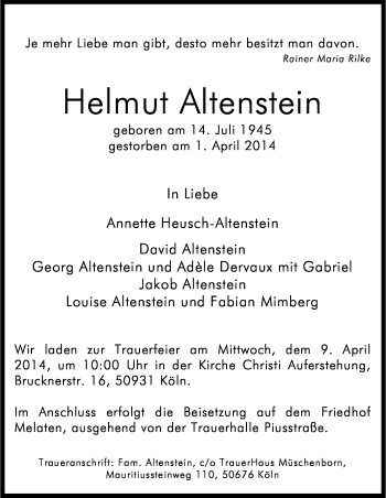 Anzeige von Helmut Altenstein von Kölner Stadt-Anzeiger / Kölnische Rundschau / Express