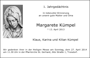 Anzeige von Margarete Kümpel von Kölner Stadt-Anzeiger / Kölnische Rundschau / Express