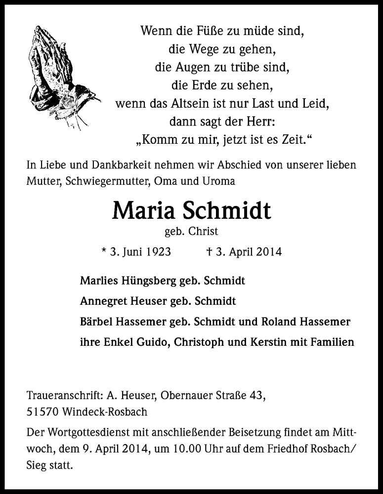  Traueranzeige für Maria Schmidt vom 05.04.2014 aus Kölner Stadt-Anzeiger / Kölnische Rundschau / Express