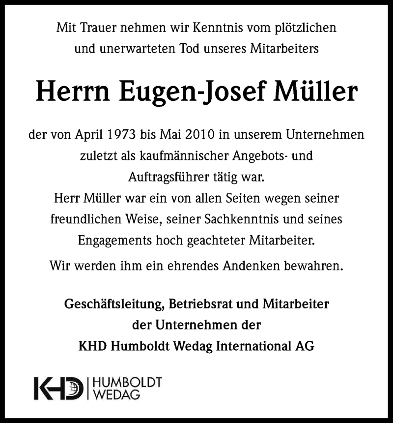  Traueranzeige für Eugen-Josef Müller vom 05.04.2014 aus Kölner Stadt-Anzeiger / Kölnische Rundschau / Express
