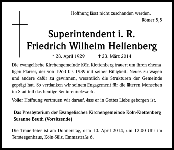 Anzeige von Friedrich Wilhelm Hellenberg von Kölner Stadt-Anzeiger / Kölnische Rundschau / Express