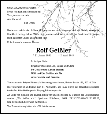 Anzeige von Rolf Geißler von Kölner Stadt-Anzeiger / Kölnische Rundschau / Express