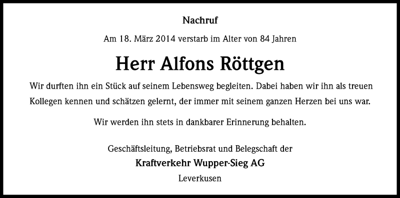  Traueranzeige für Alfons Röttgen vom 09.04.2014 aus Kölner Stadt-Anzeiger / Kölnische Rundschau / Express