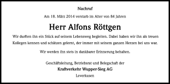 Anzeige von Alfons Röttgen von Kölner Stadt-Anzeiger / Kölnische Rundschau / Express
