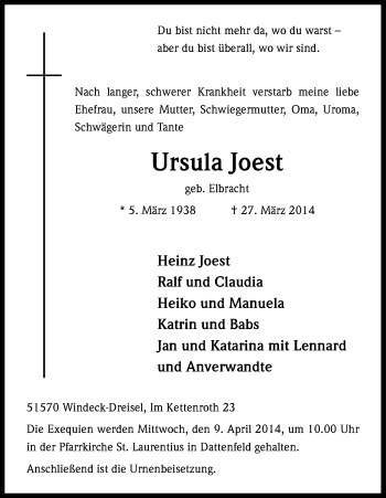 Anzeige von Ursula Joest von Kölner Stadt-Anzeiger / Kölnische Rundschau / Express