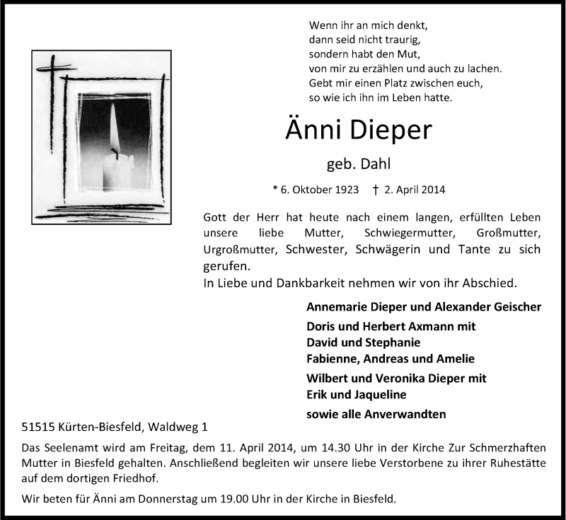  Traueranzeige für Änni Dieper vom 05.04.2014 aus Kölner Stadt-Anzeiger / Kölnische Rundschau / Express