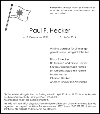 Anzeige von Paul Hecker von Kölner Stadt-Anzeiger / Kölnische Rundschau / Express