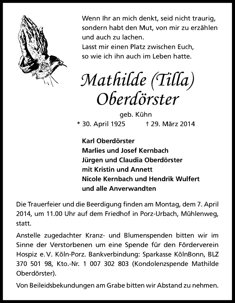  Traueranzeige für Mathilde Oberdörster vom 05.04.2014 aus Kölner Stadt-Anzeiger / Kölnische Rundschau / Express