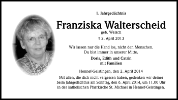 Anzeige von Franziska Walterscheid von Kölner Stadt-Anzeiger / Kölnische Rundschau / Express