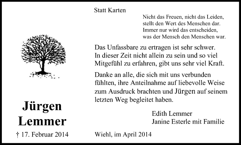  Traueranzeige für Jürgen Lemmer vom 05.04.2014 aus Kölner Stadt-Anzeiger / Kölnische Rundschau / Express