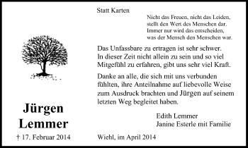 Anzeige von Jürgen Lemmer von Kölner Stadt-Anzeiger / Kölnische Rundschau / Express