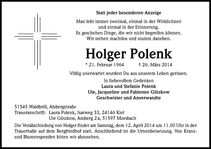  Traueranzeige für Holger Polenk vom 05.04.2014 aus Kölner Stadt-Anzeiger / Kölnische Rundschau / Express