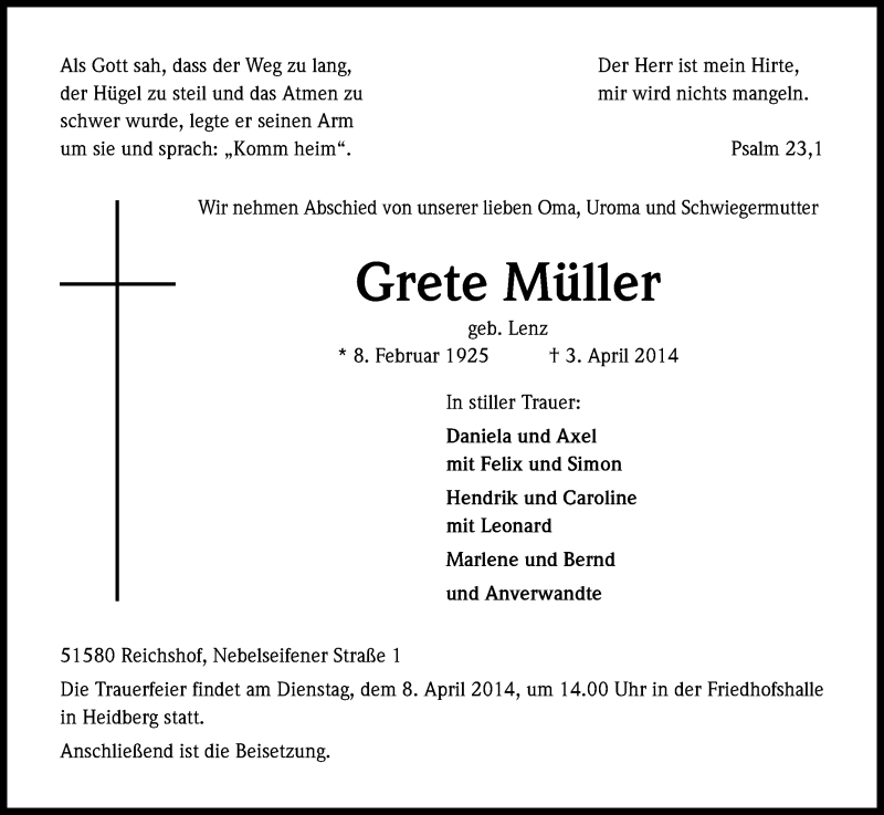  Traueranzeige für Grete Müller vom 05.04.2014 aus Kölner Stadt-Anzeiger / Kölnische Rundschau / Express