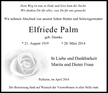 Anzeige von Elfriede Palm von Kölner Stadt-Anzeiger / Kölnische Rundschau / Express