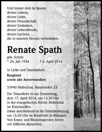 Anzeige von Renate Spath von Kölner Stadt-Anzeiger / Kölnische Rundschau / Express