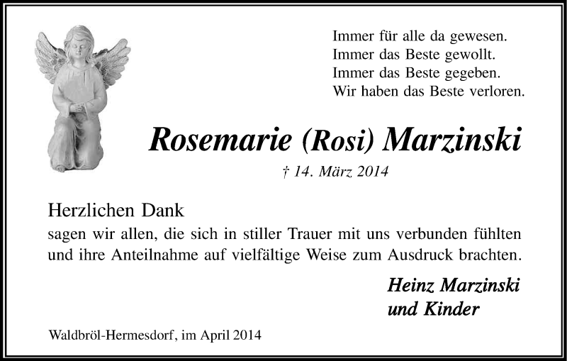  Traueranzeige für Rosemarie Marzinski vom 05.04.2014 aus Kölner Stadt-Anzeiger / Kölnische Rundschau / Express