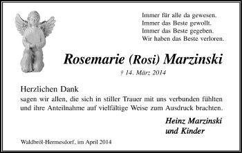 Anzeige von Rosemarie Marzinski von Kölner Stadt-Anzeiger / Kölnische Rundschau / Express