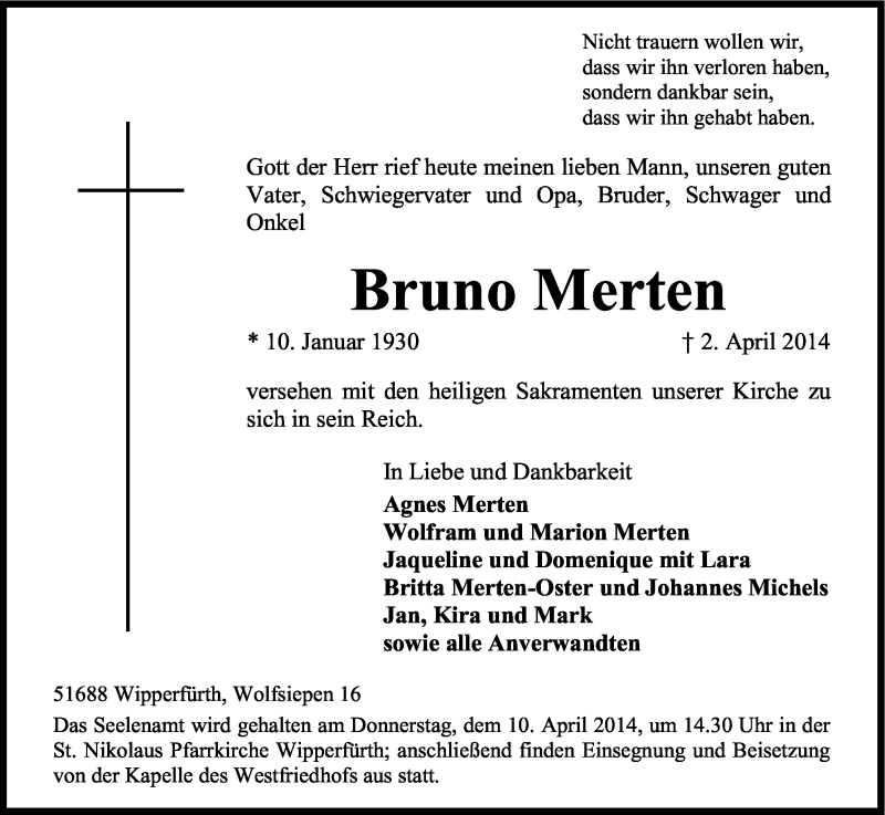 Traueranzeige für Bruno Merten vom 05.04.2014 aus Kölner Stadt-Anzeiger / Kölnische Rundschau / Express