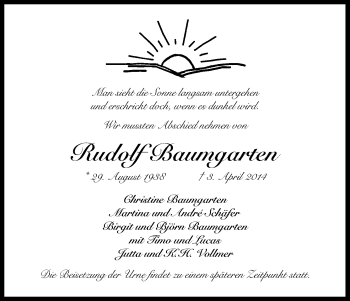 Anzeige von Rudolf Baumgarten von Kölner Stadt-Anzeiger / Kölnische Rundschau / Express