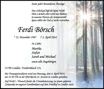 Anzeige von Ferdi Börsch von Kölner Stadt-Anzeiger / Kölnische Rundschau / Express
