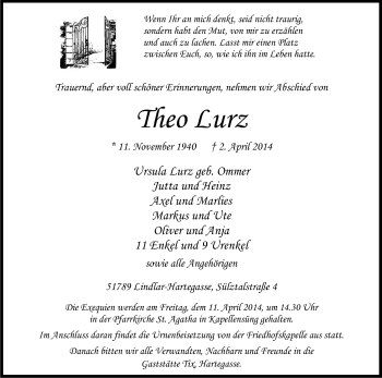 Anzeige von Theo Lurz von Kölner Stadt-Anzeiger / Kölnische Rundschau / Express