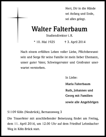 Anzeige von Walter Falterbaum von Kölner Stadt-Anzeiger / Kölnische Rundschau / Express